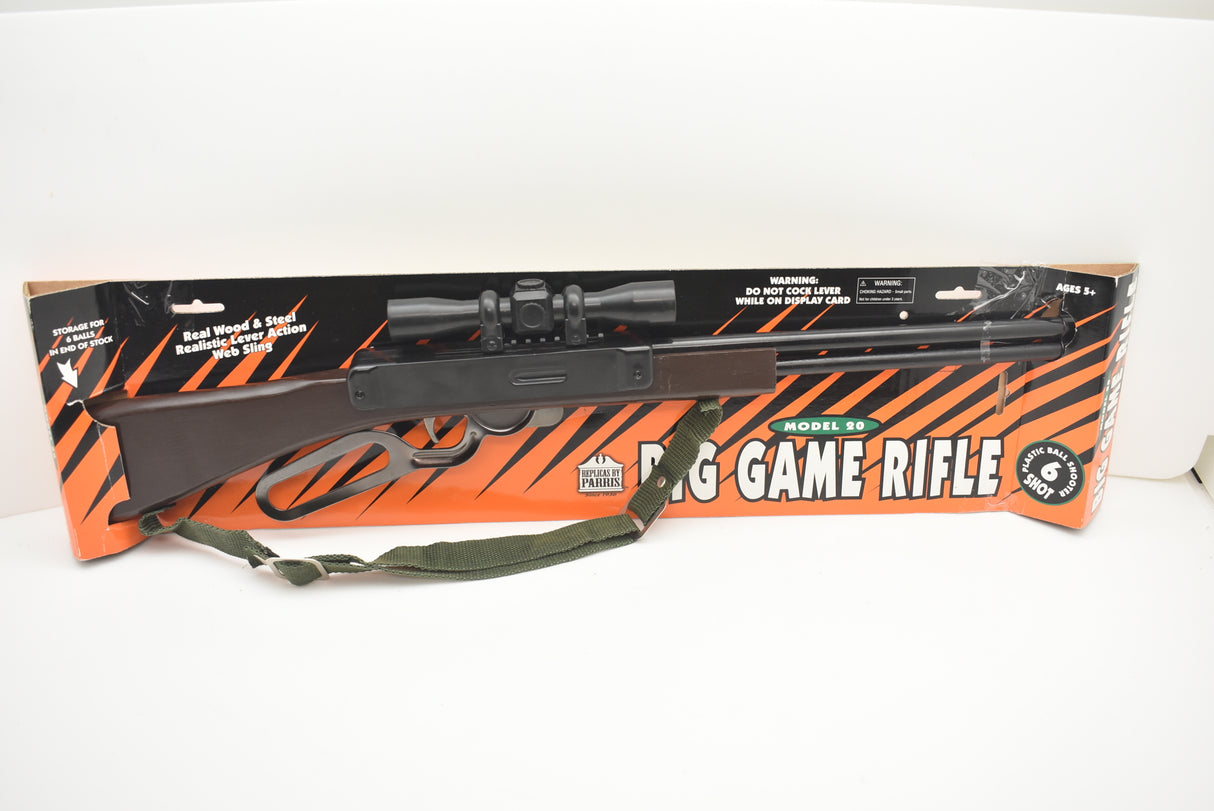 Toy western repeater rifle with carrying strap, displayed in its box for Parris Toys 20C