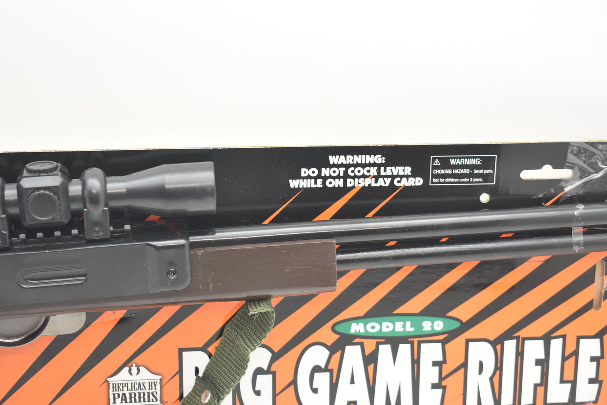Rifle toy with warning label: Do not cock lever while on display card for Parris Toys 20C