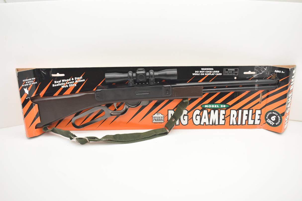 Toy western repeater rifle in its open cardboard box for Parris Toys 20C
