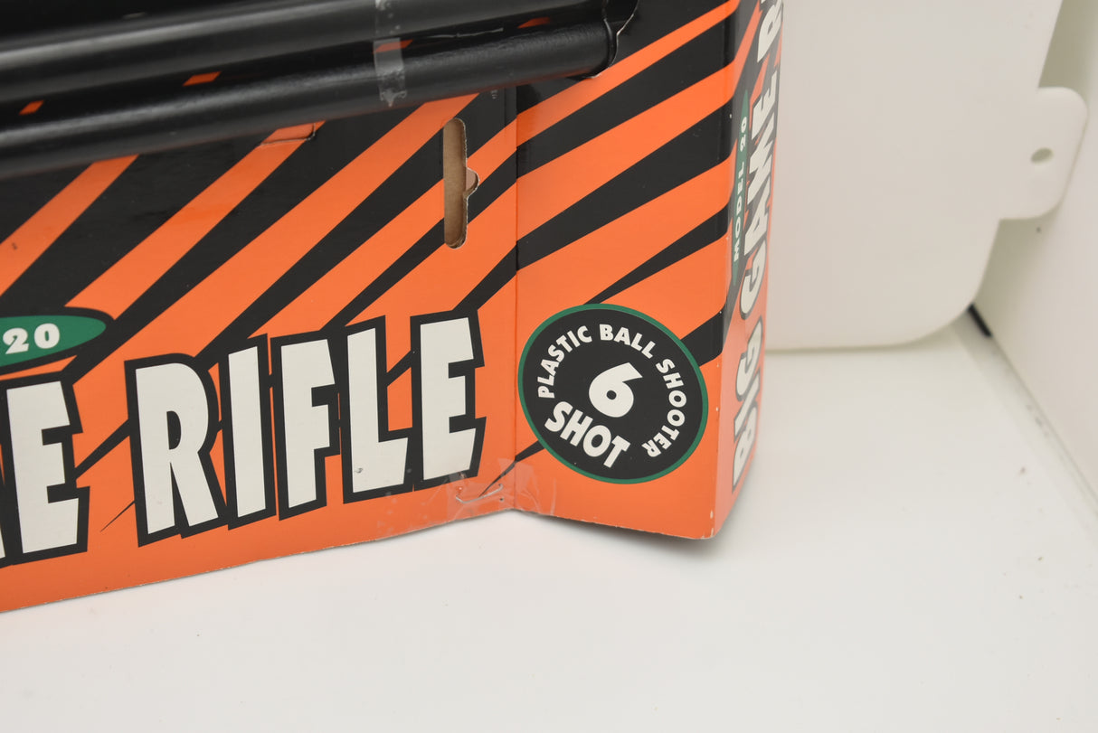 Orange and black toy rifle box with "BIG GAME RIFLE" text for Parris Toys 20C