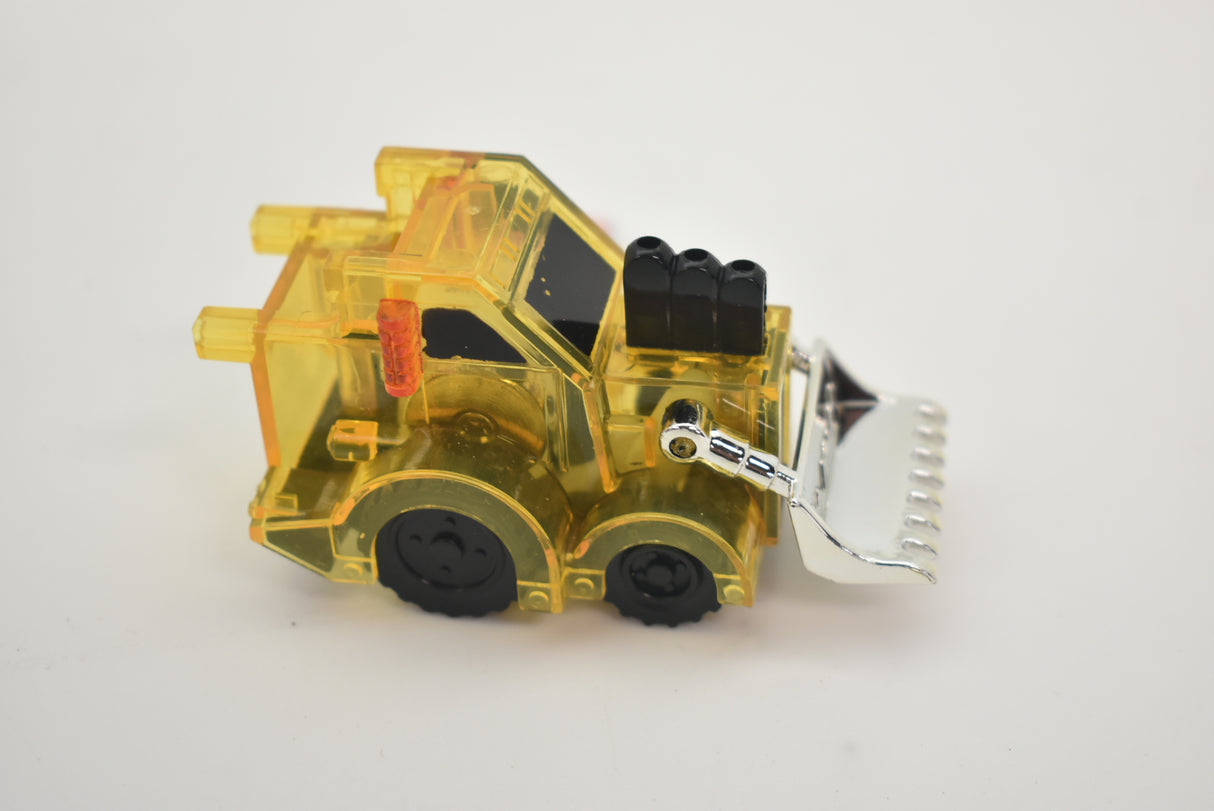 Yellow bulldozer toy with black wheels and silver blade attachment for California Creations 70136