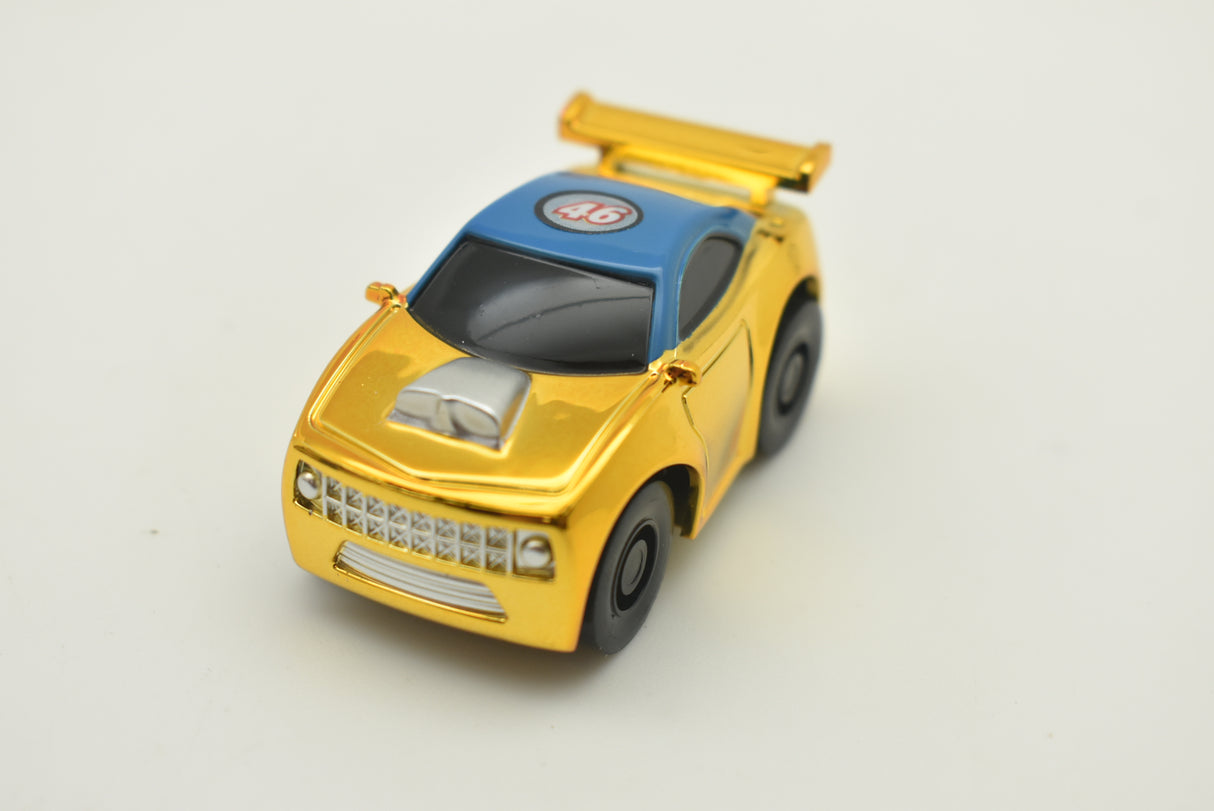 Yellow and blue toy race car with chrome details for California Creations 20553