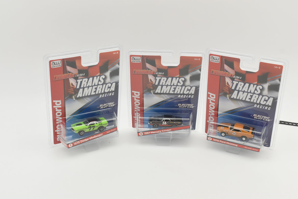 Three slot car race car sets: Dodge Challenger, Mercury Cougar, and Ford Mustang for Auto World SC357