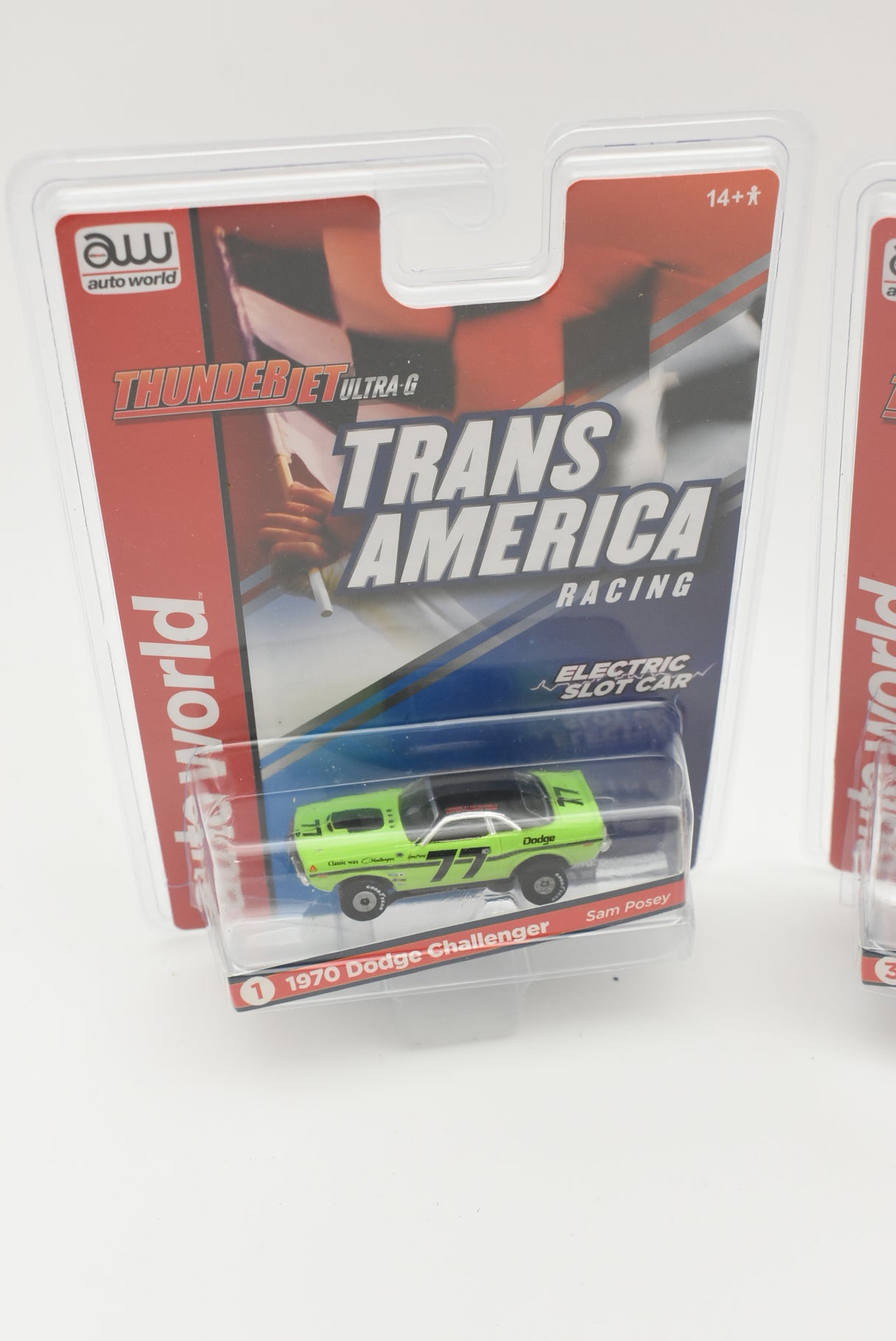 Slot car 1970 Dodge Challenger race car in blister card packaging for Auto World SC357