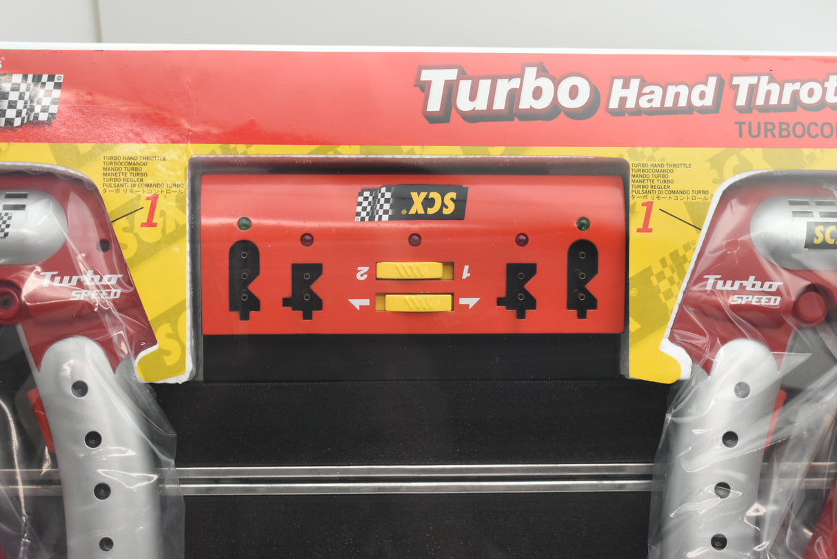 Two red slot car throttles with black and yellow accents for SCX Slot Car 1/32 88200