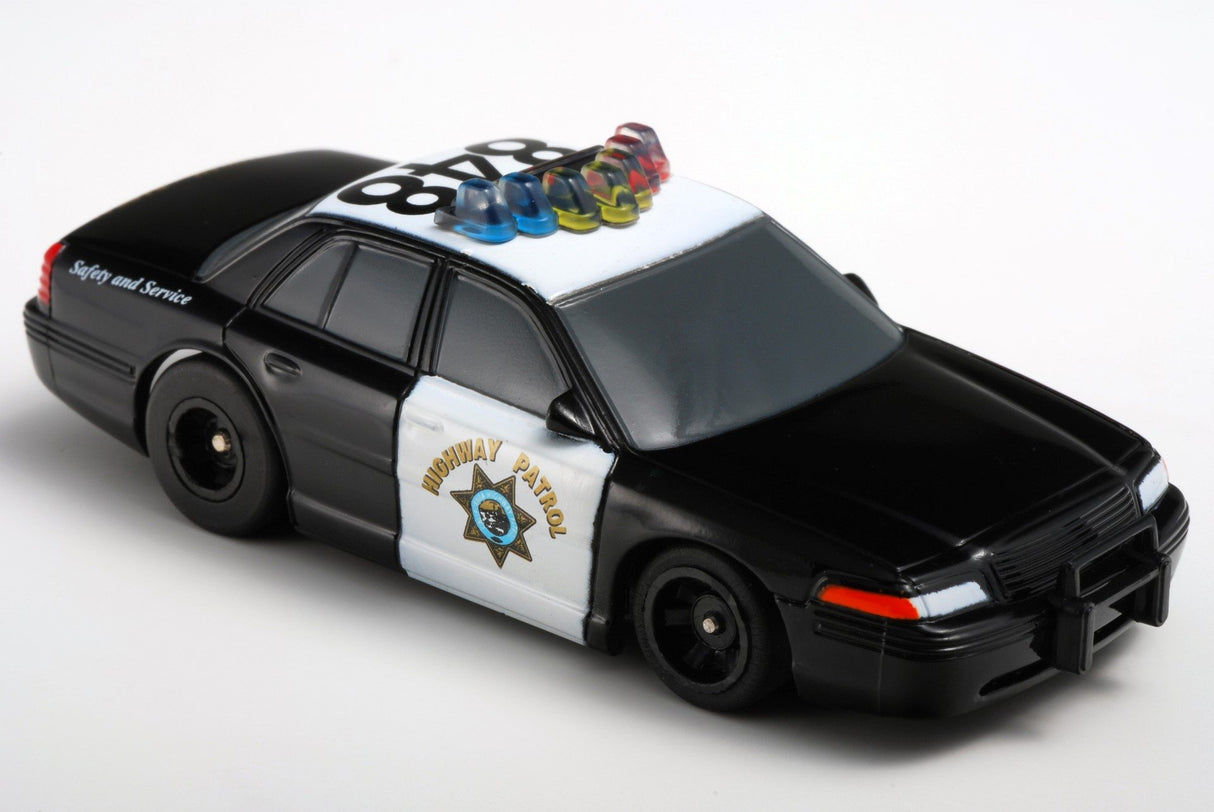 Black toy police car with "Highway Patrol" markings and blue/red lights for AFX/Racemasters 21034 / 21003