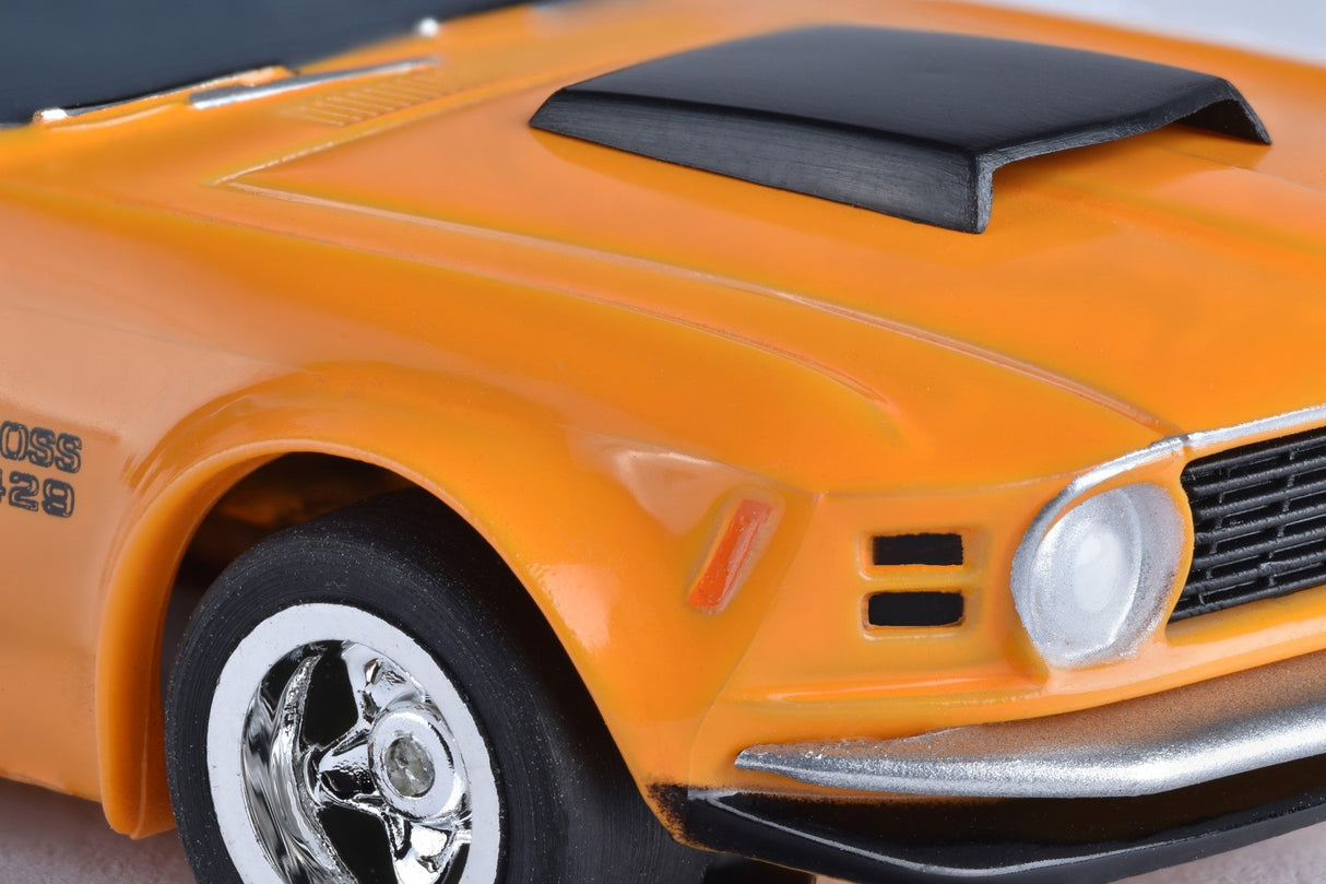 Orange slot car of a 1970 Ford Mustang Boss 429 for AFX/Racemasters 21050 / 21017, side view