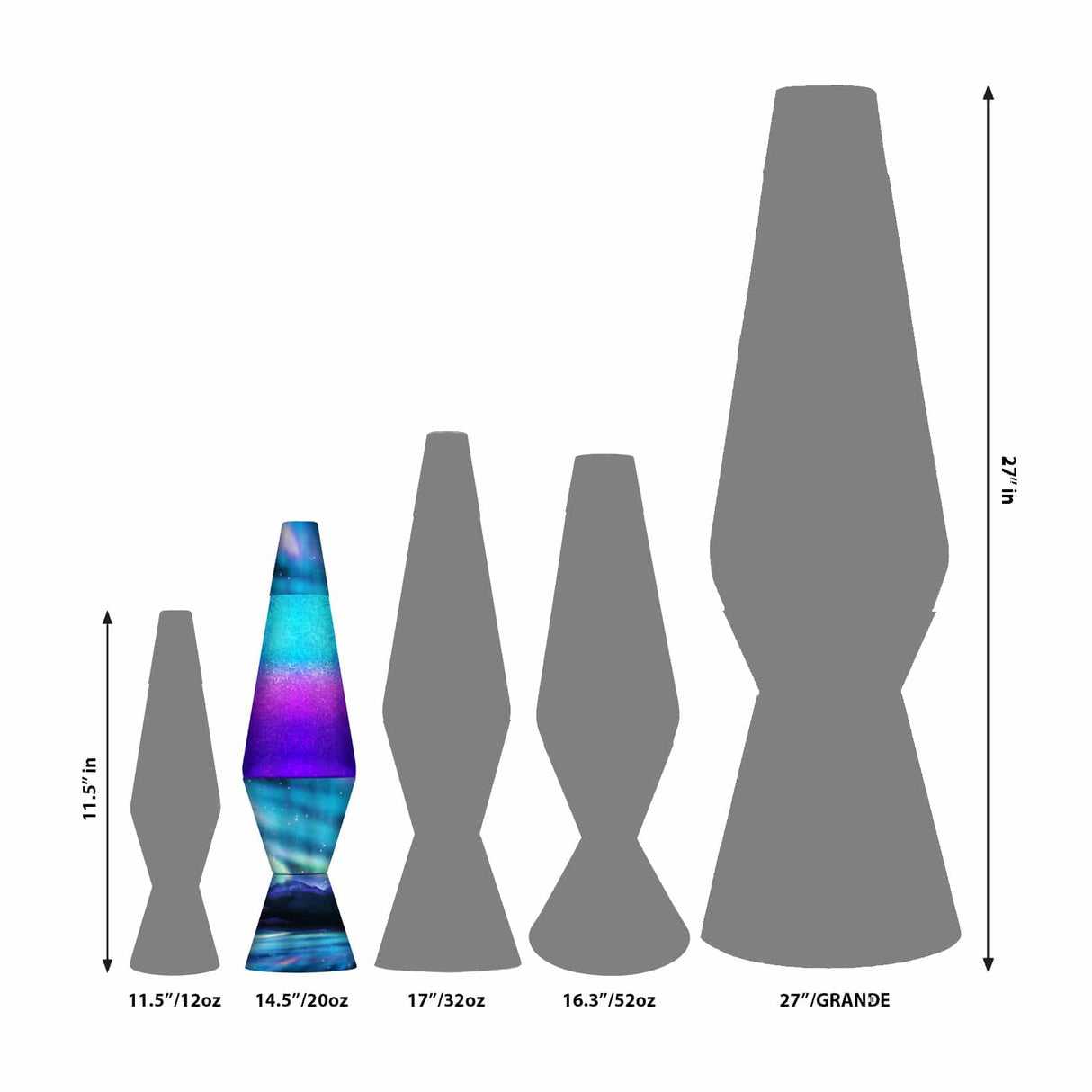 Lava lamp size guide showing 11.5", 14.5", 17", 16.3", and 27" options for Schylling 21600401US