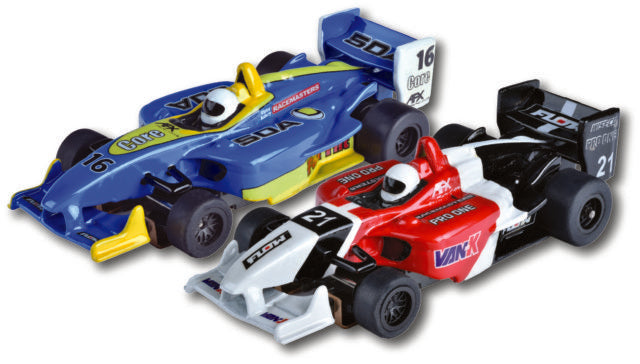 Two slot car race cars: one blue/yellow, one red/black for AFX/Racemasters 22017