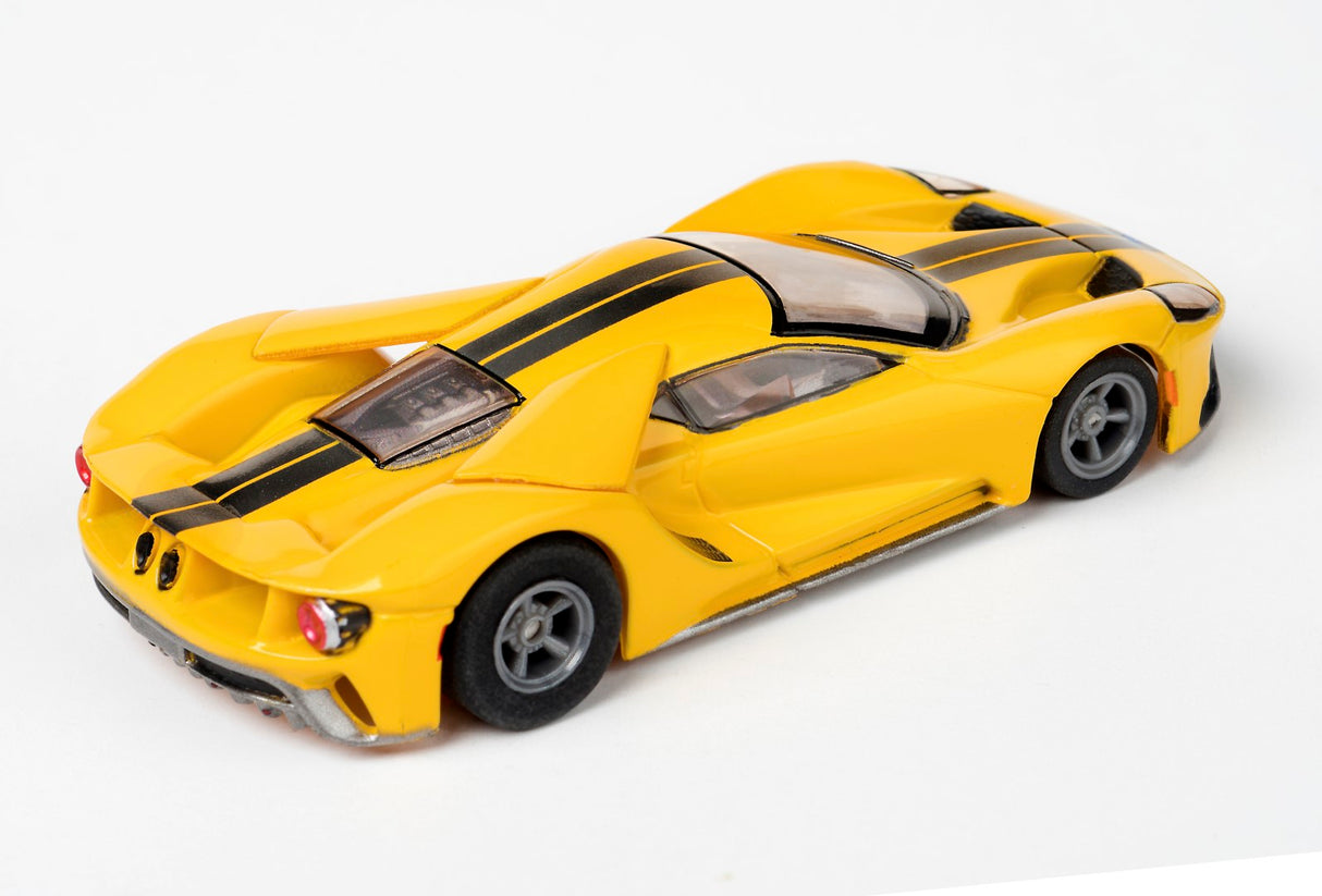 Yellow Ford GT slot car with black racing stripes for AFX/Racemasters 22029 / 21007