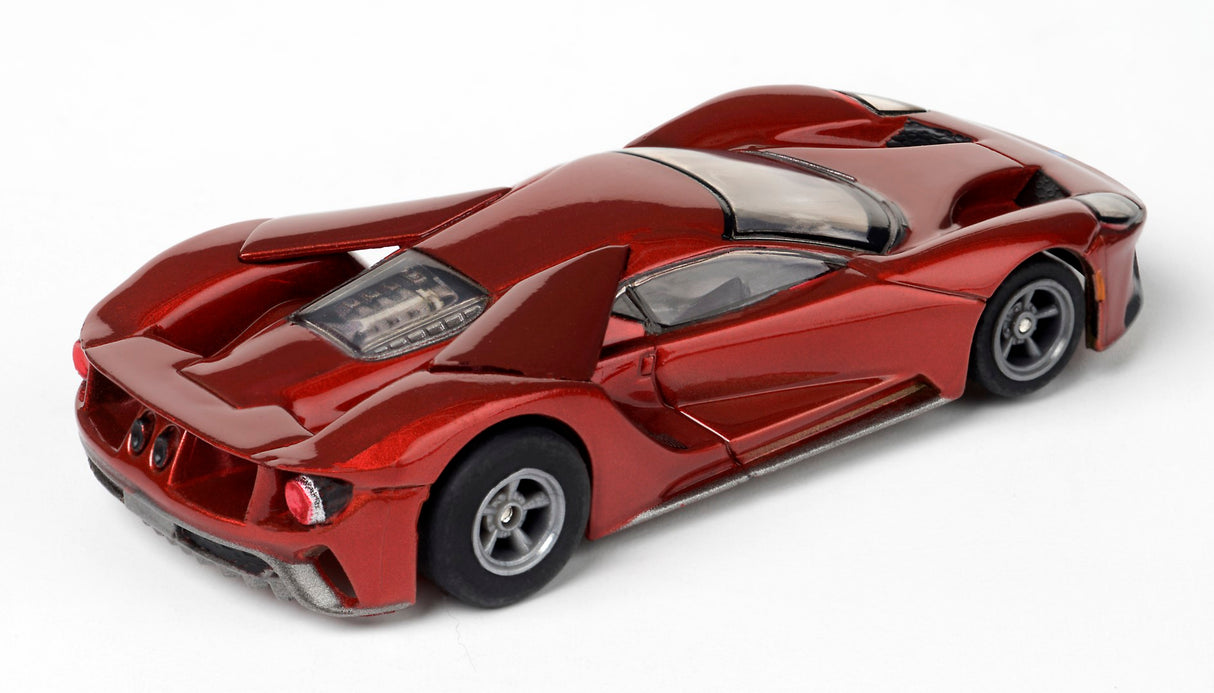 Red slot car replica of a Ford GT, viewed from the side for AFX/Racemasters 22030 / 21008