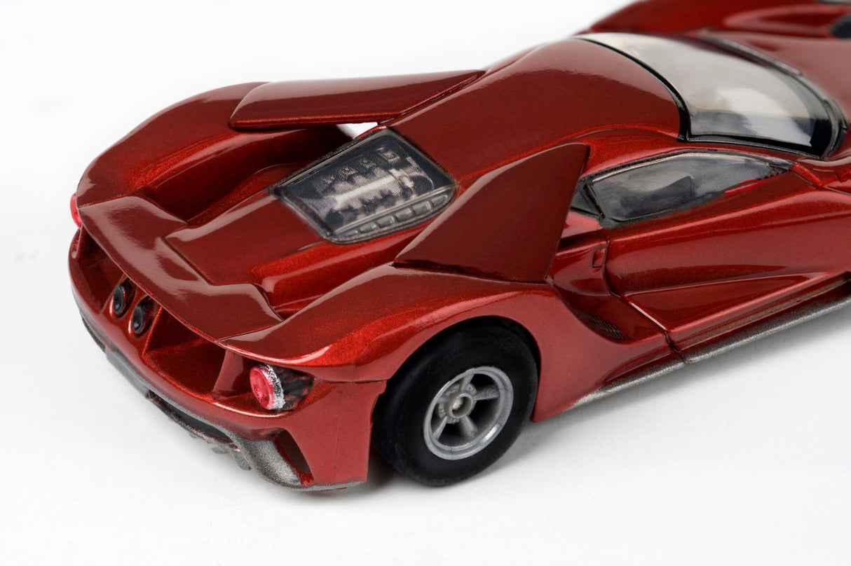 Red slot car replica of a Ford GT, viewed from the rear quarter for AFX/Racemasters 22030 / 21008