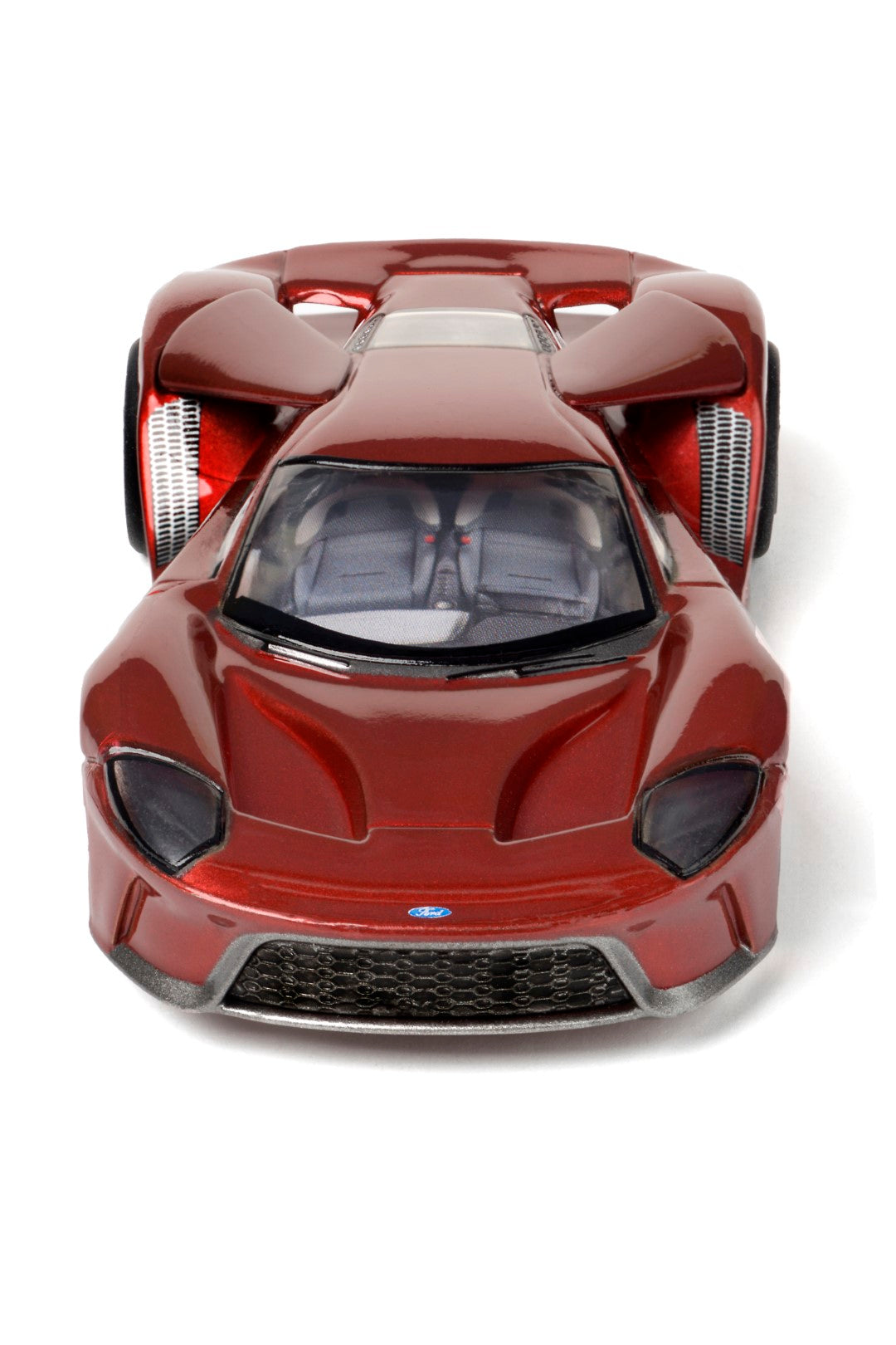 Red slot car replica of a Ford GT, viewed from the front for AFX/Racemasters 22030 / 21008