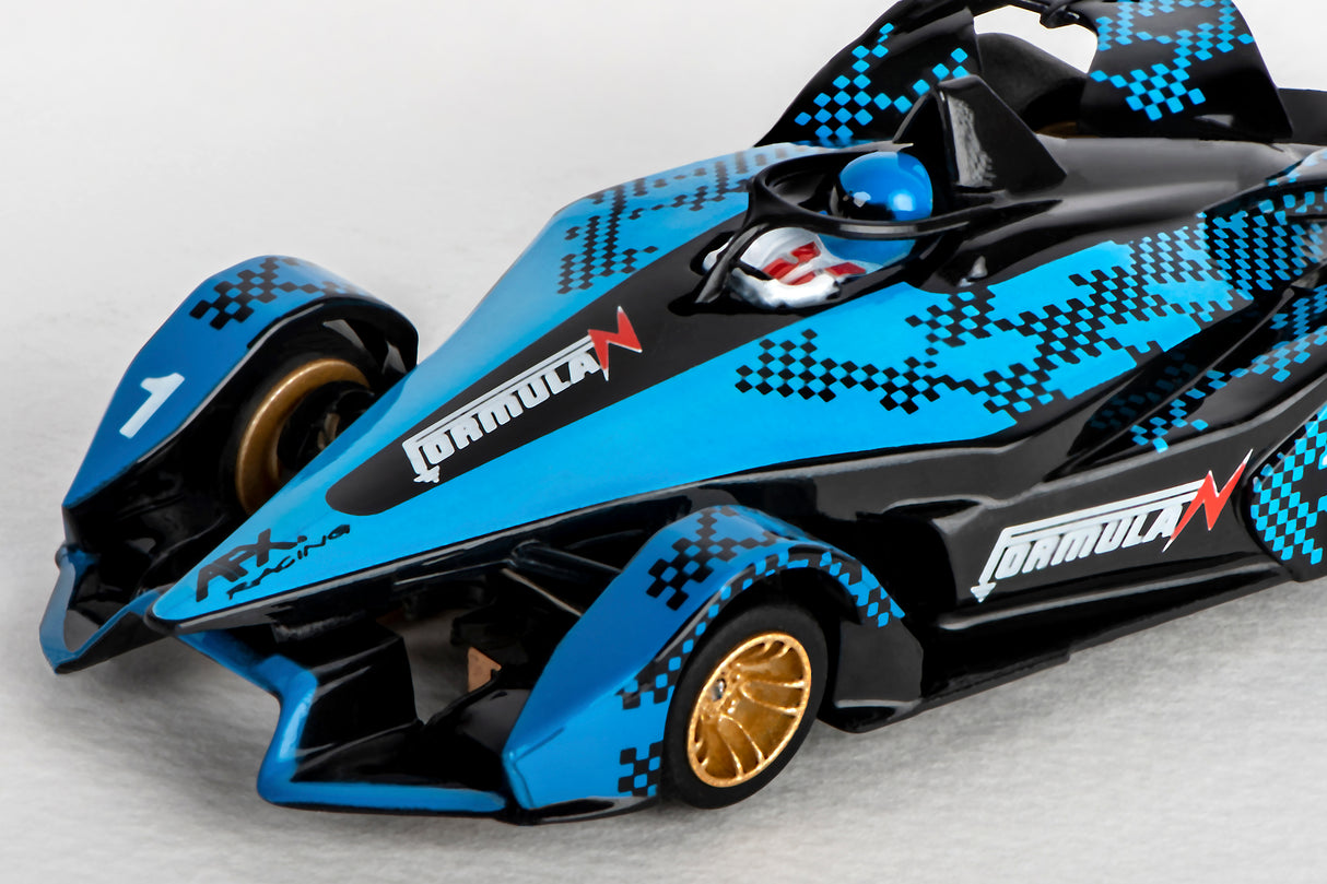 Blue and black race car model with checkered accents on a white background for AFX/Racemasters 22039