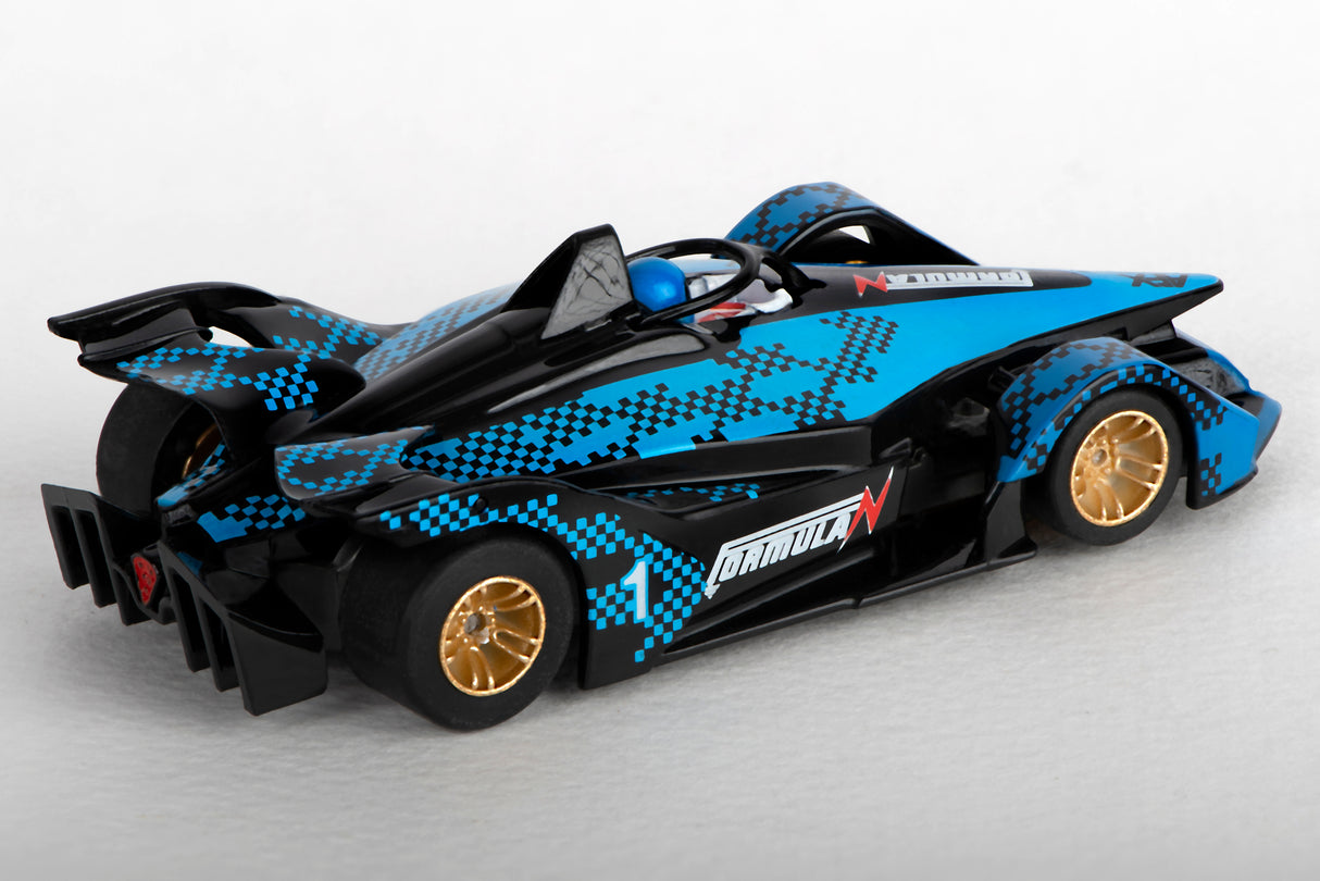 Black and blue race car model with silver accents on a white background for AFX/Racemasters 22039