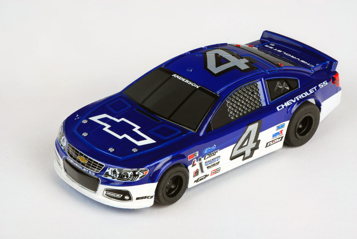 Blue slot car with "4" on the side, representing a Chevrolet race car for AFX/Racemasters 22041