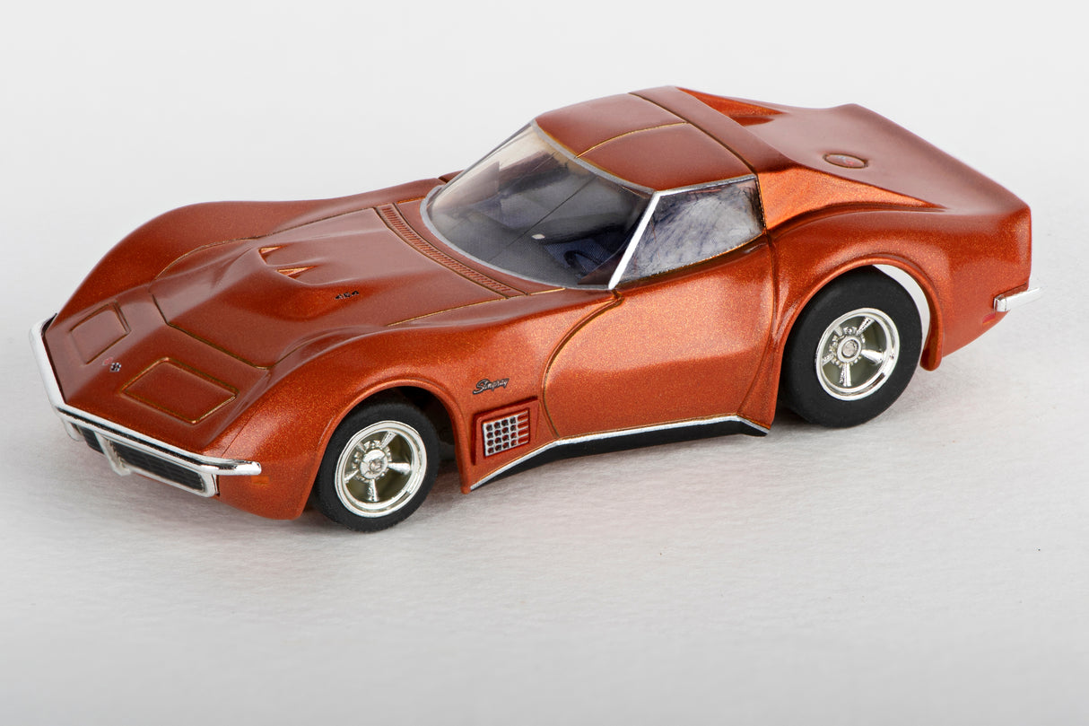 Orange slot car of a 1971 Corvette 454 for AFX/Racemasters 22047, front view