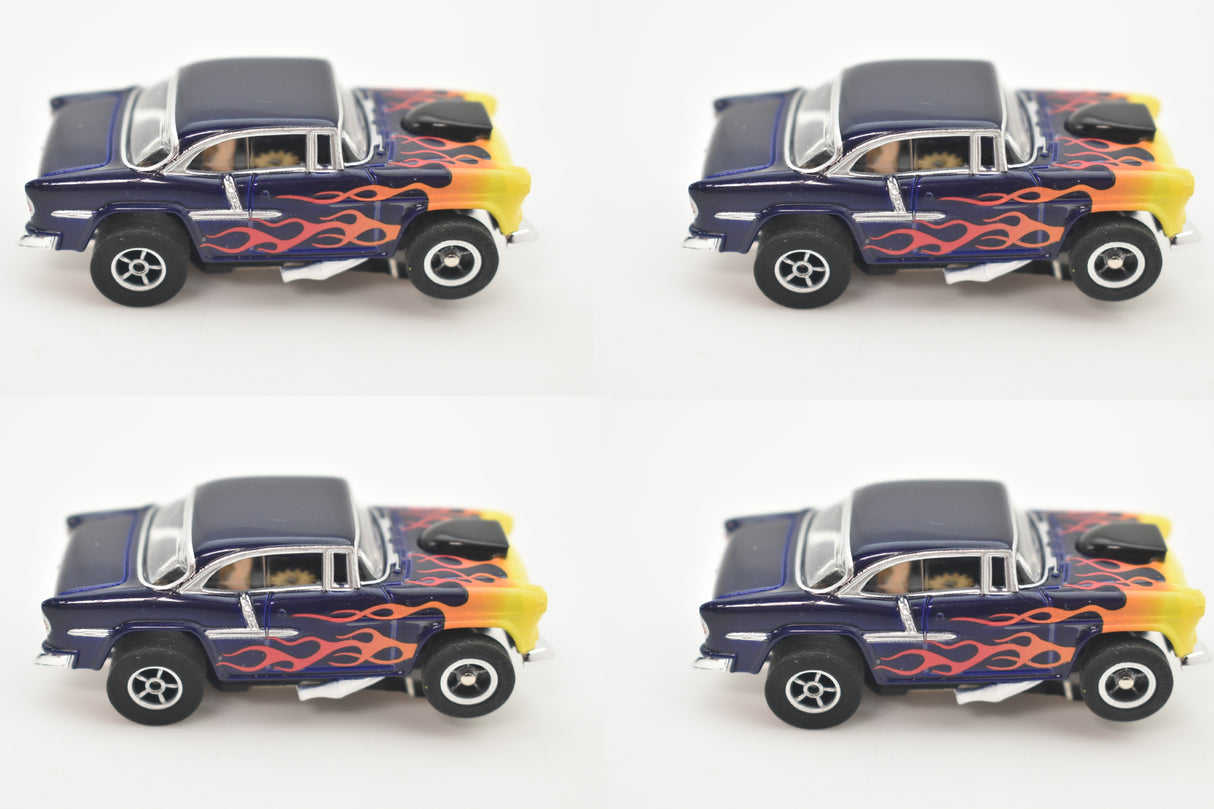 Blue Chevy Bel Air slot car with flame graphics, viewed from top for Slot Car 1:64 CP7726, front view