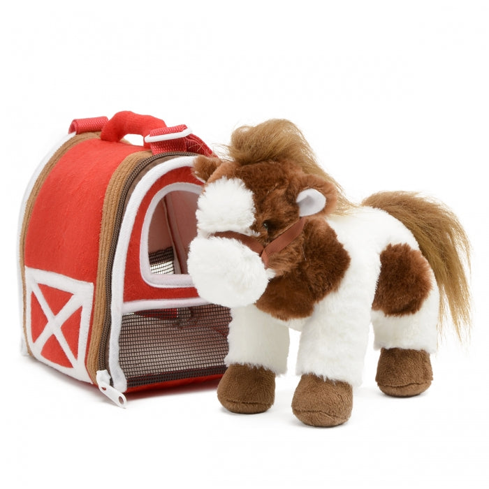 Stuffed spotted horse toy next to its red carrier for Unipak 2316HSP-5