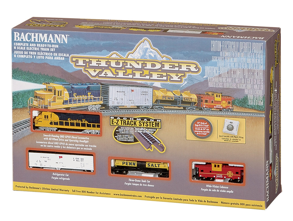 Train set box featuring locomotives and rolling stock for N scale play for Bachmann 24013