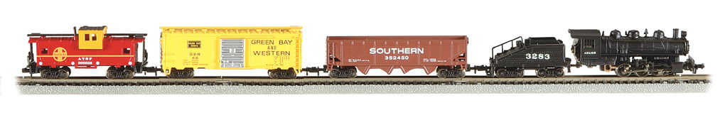 Train set with red, yellow, brown, and black rolling stock on tracks for Bachmann BAC24014
