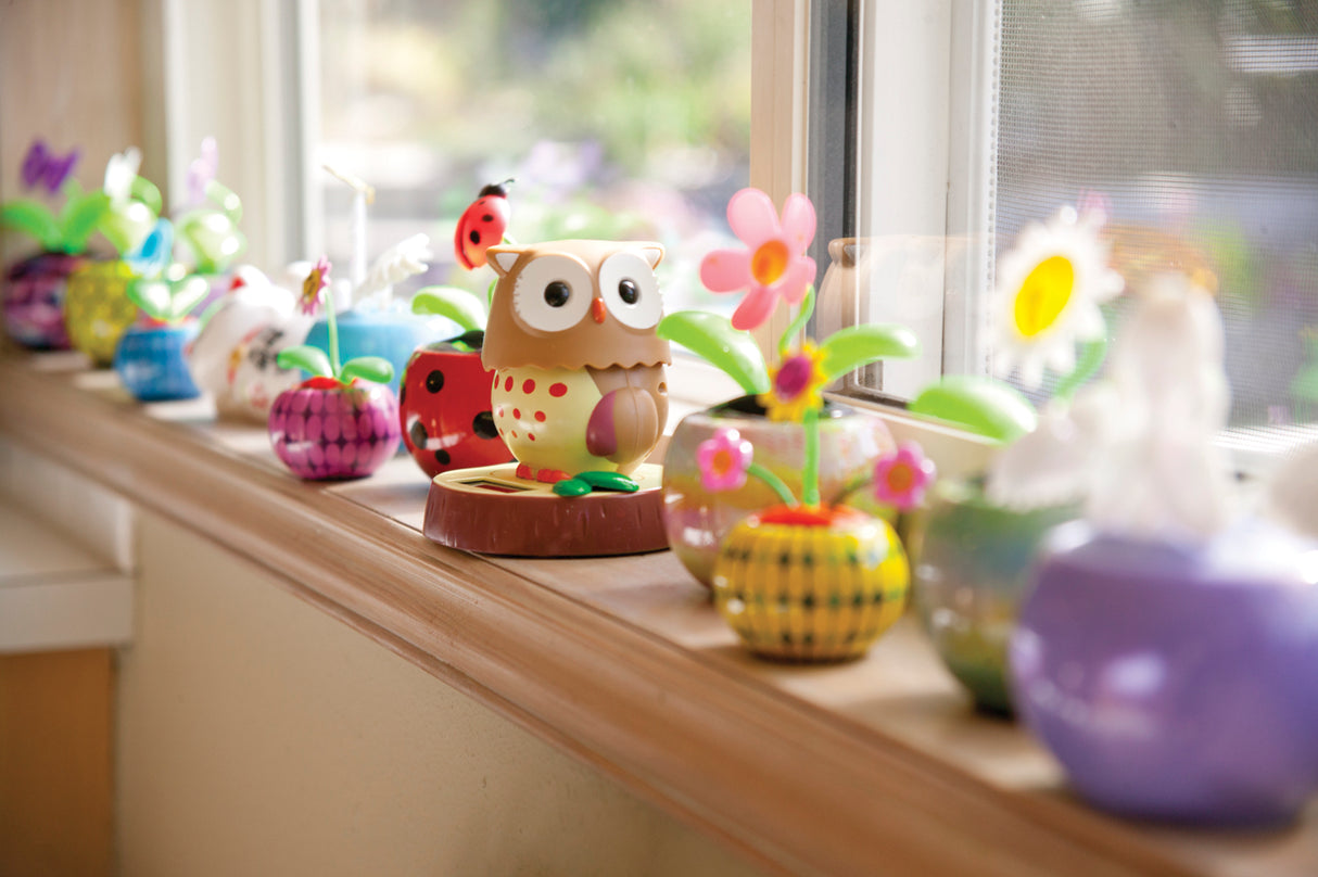 Cute owl toy with flowers and colorful trinkets on a windowsill for Toy Smith 2499