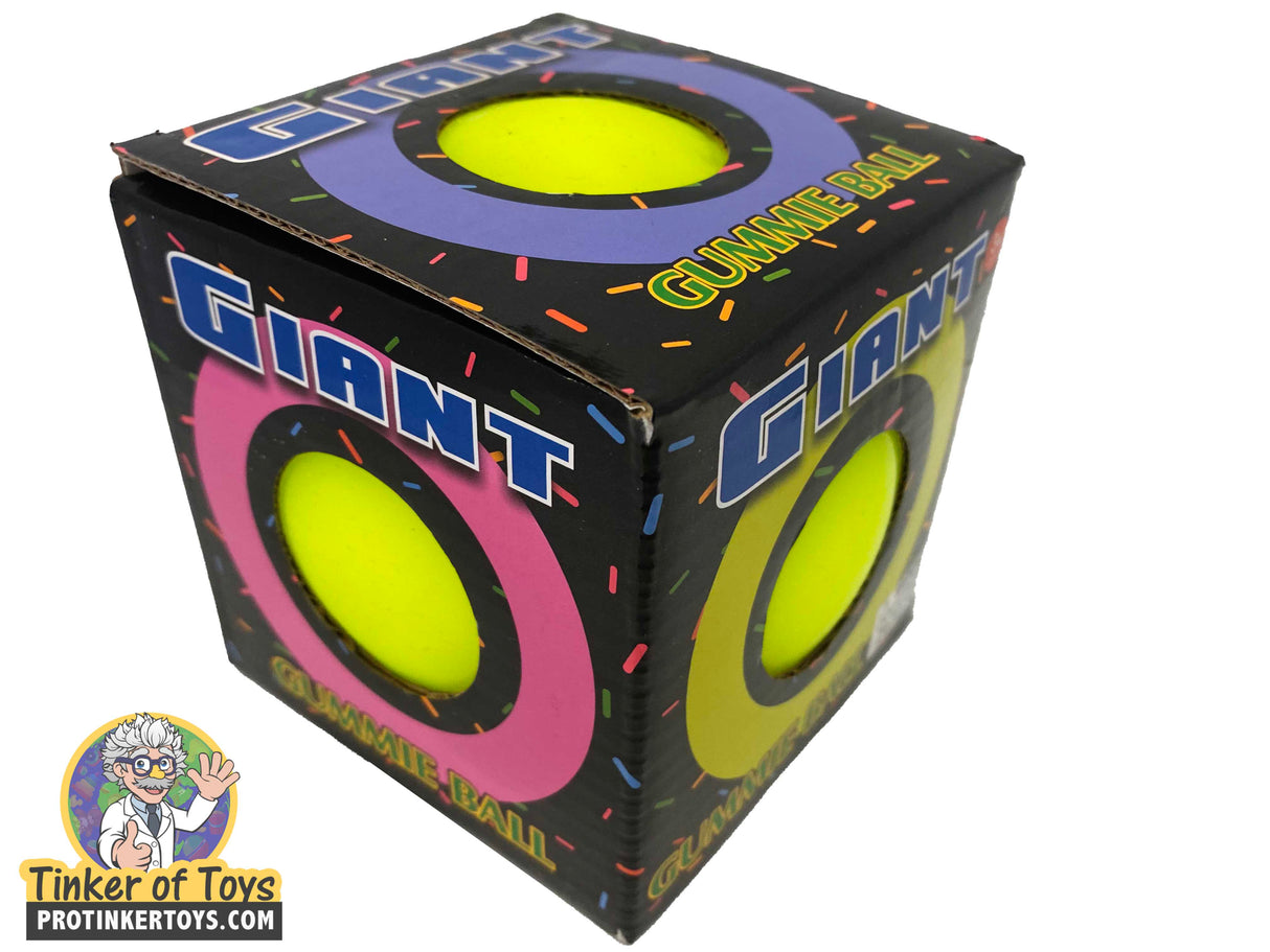 Boxed giant gummie ball toy with colorful, circular cutouts for BVP 88370