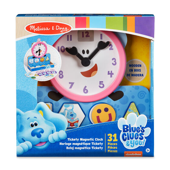 Wooden magnetic clock toy for kids, featuring Blue's Clues characters for Melissa and Doug 33014