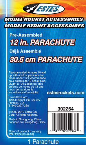 Pre-assembled 12-inch parachute for model rockets for Estes EST2264