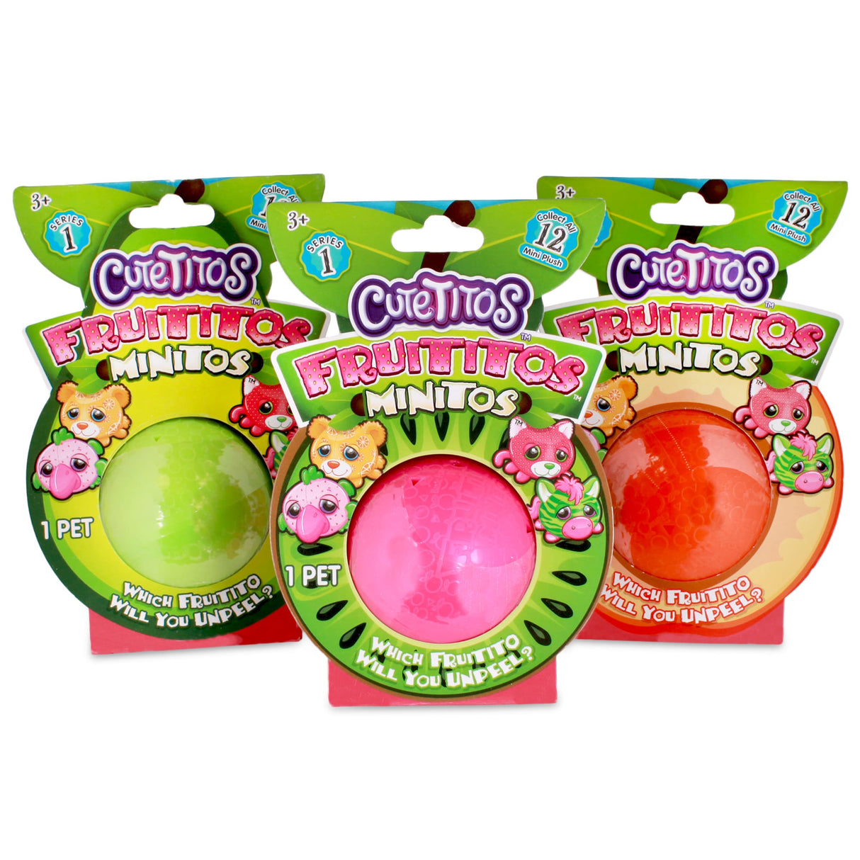 Three sets of fruit-themed, pull-apart toys with cute animal designs for Schylling 39221