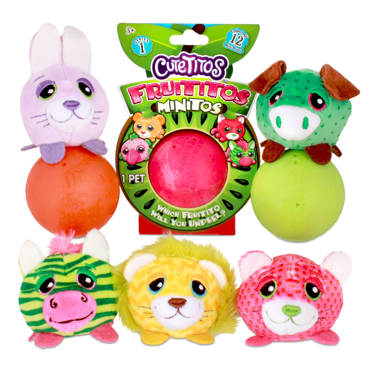 Cute stuffed fruit toys: bunny, apple, frog, and others in a display box for Schylling 39221
