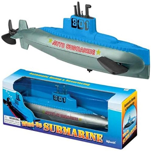 Toy wind-up submarine toy in its blue and silver box packaging for Toy Smith 9072