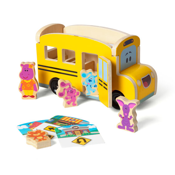 Wooden pull-back school bus toy with character figures and clue cards for Melissa and Doug 33011