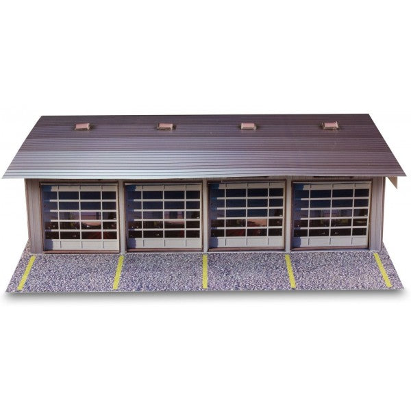 Model kit of a four-stall garage with a sloped roof and paved front for Innovative Hobby Supply BK4811