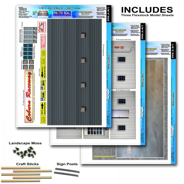 Model kit sheets for a 4-stall pit garage, including various building components for Innovative Hobby Supply BK4811