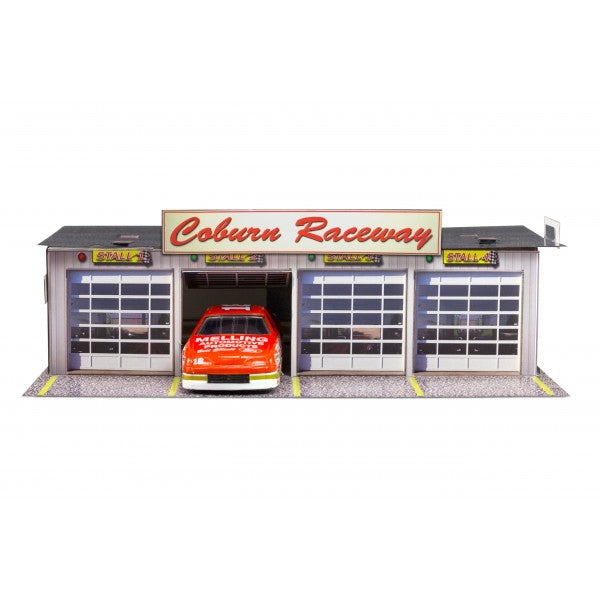 Model kit of a four-stall race garage with a red car displayed for Innovative Hobby Supply BK4811