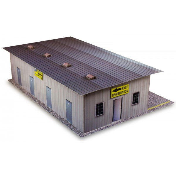 Model kit of a garage with stalls and race registration sign for Innovative Hobby Supply BK4811