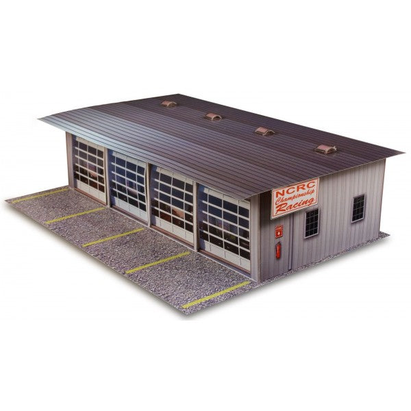 Model kit of a four-stall pit garage with garage doors and roof for Innovative Hobby Supply BK4811