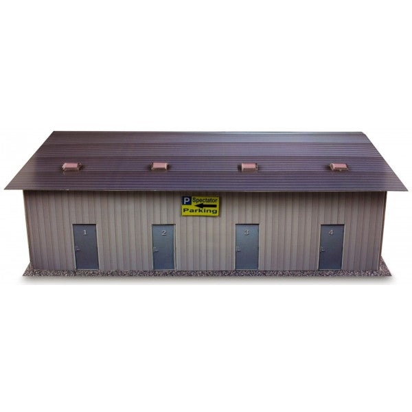 Model kit of a four-stall garage with a brown roof and parking sign for Innovative Hobby Supply BK4811