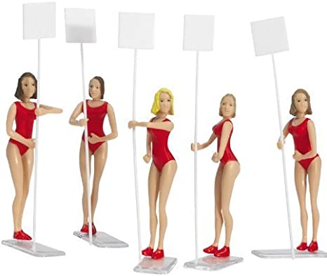 Set of six collectible vinyl figures of stylized women on display stands for Carrera 21113