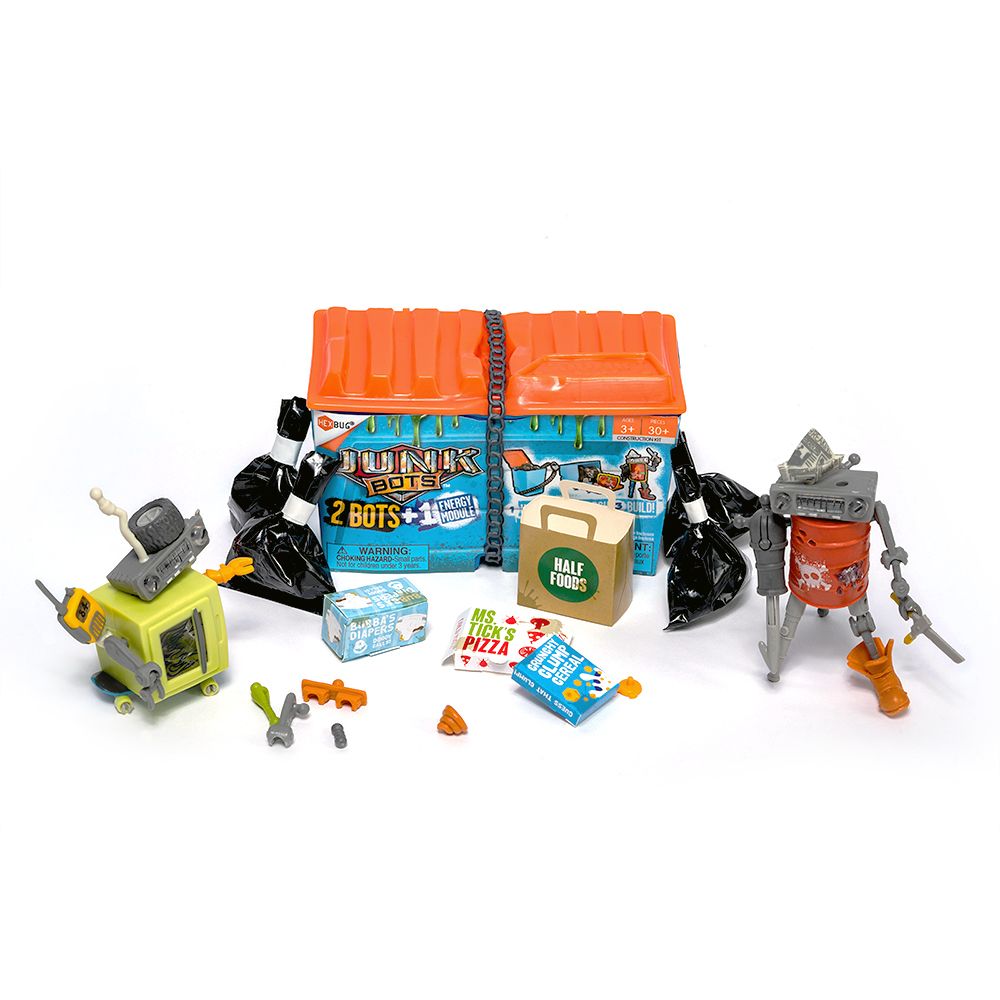Assortment of JunkBots toys: dumpster, robot, and small accessories for HexBug 430-6842
