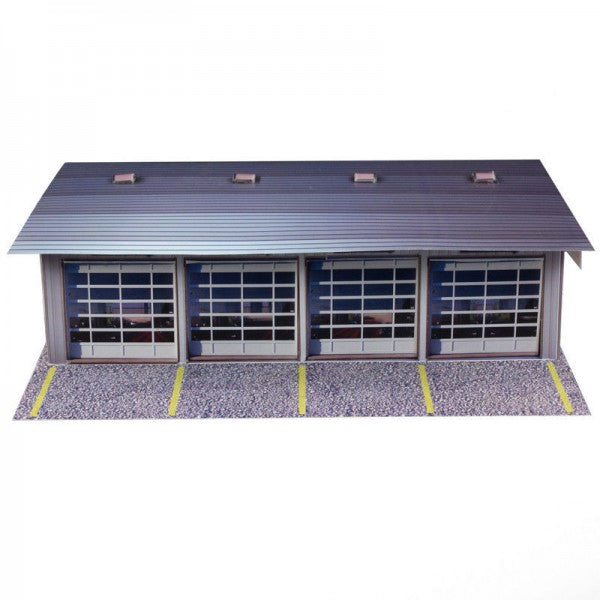 Model kit of a four-stall garage with a sloped roof and paved front for Innovative Hobby Supply BK6411