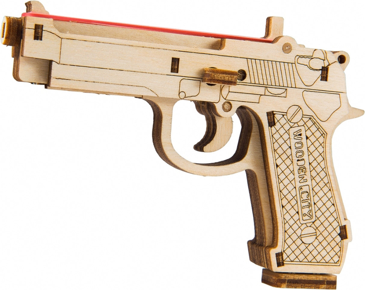Wooden toy replica of a BRT-9 style handgun for Wooden City 502374