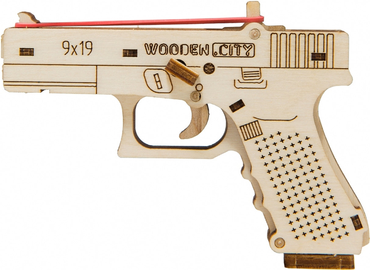 Wooden toy handgun replica, marked 9x19 and Wooden City for 502375