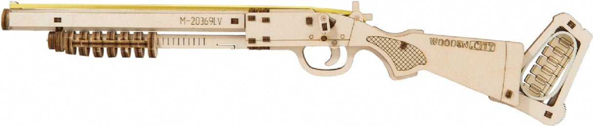 Wooden toy replica of an M-20369LV rifle with attached magazine for Wooden City 502376, front view