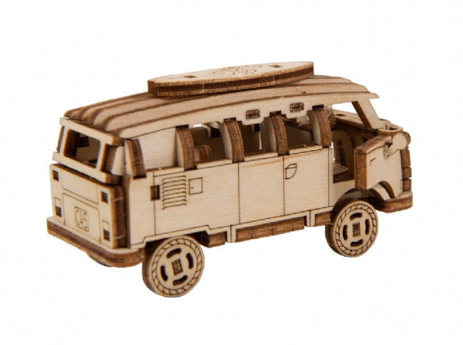Wooden model of a retro bus, assembled toy vehicle for Wooden City 502380