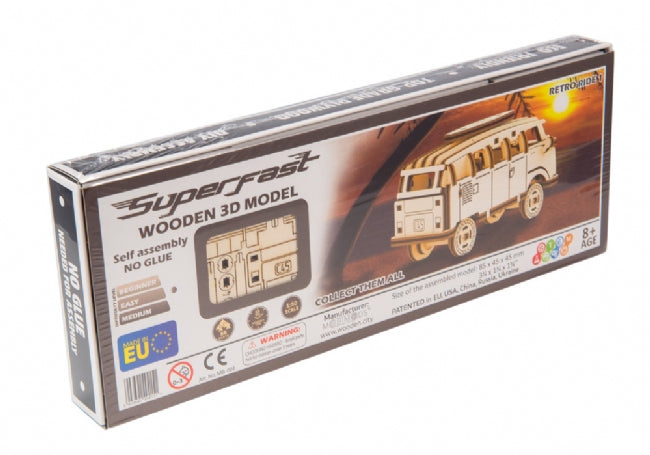 Wooden toy kit box showing a vintage VW bus model for Wooden City 502380