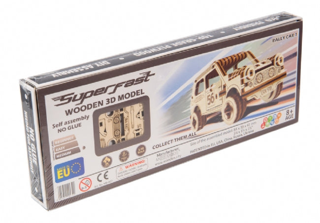 Wooden model kit for a rally car, self-assembly, no glue required for Wooden City 502382