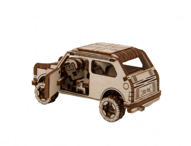 Wooden toy rally car model with four wheels and open top for Wooden City 502382