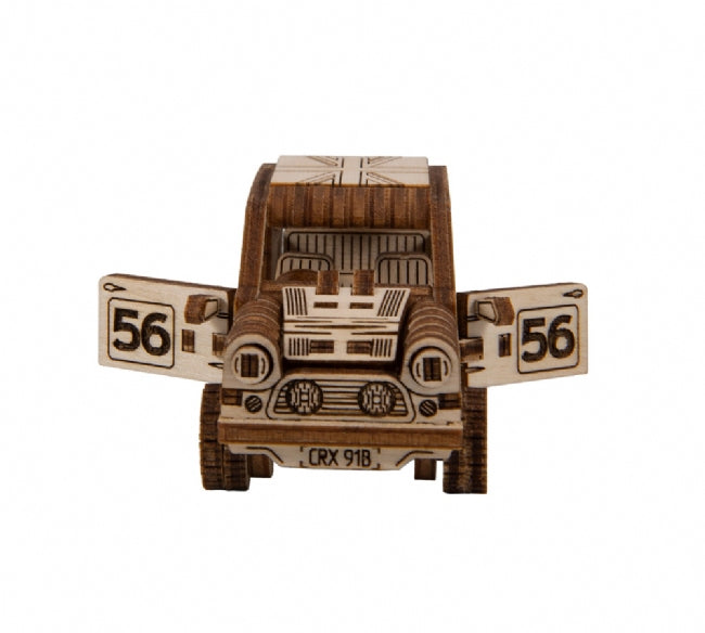 Wooden toy rally car with "56" markings on the sides for Wooden City 502382